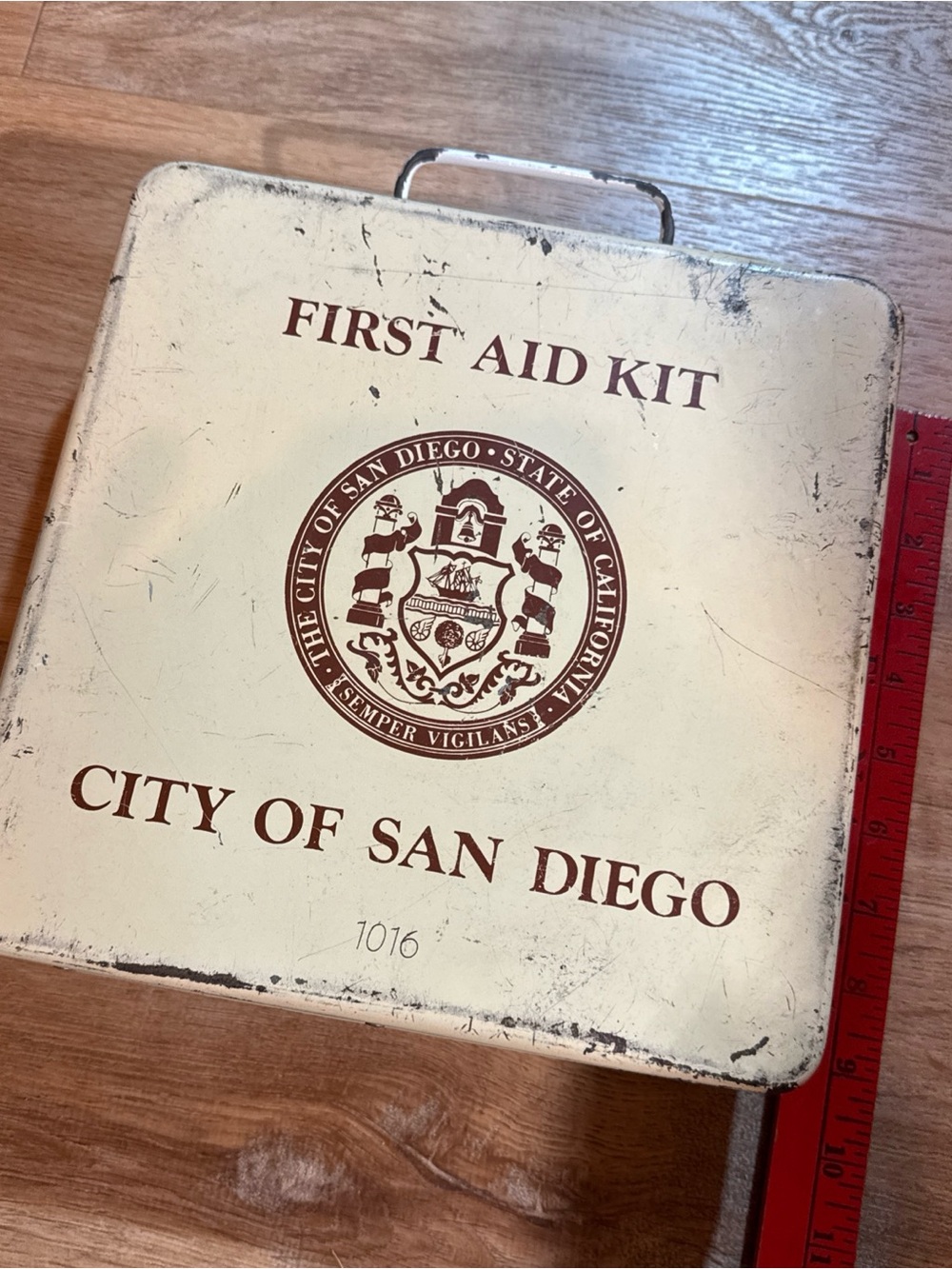 Vintage First Aid Kit Heavy Metal Box Antique Red Cross Symbol San Diego CA 1016